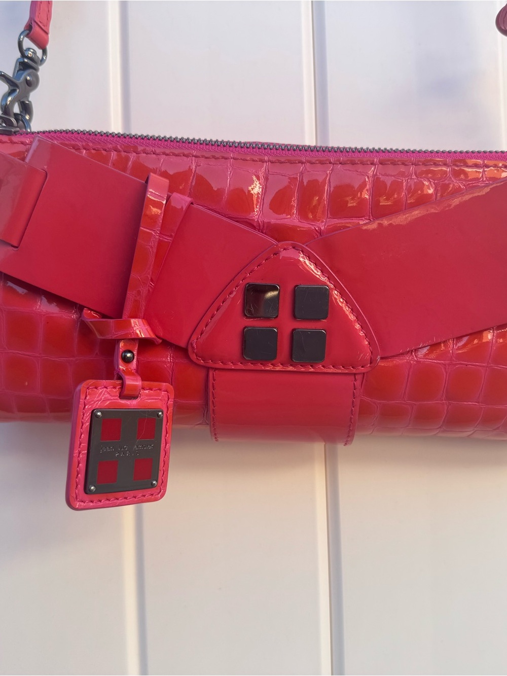 Jean Luc Amsler Paris Pink Croc Embossed Patent Leather Barrel Shoulder Bag
